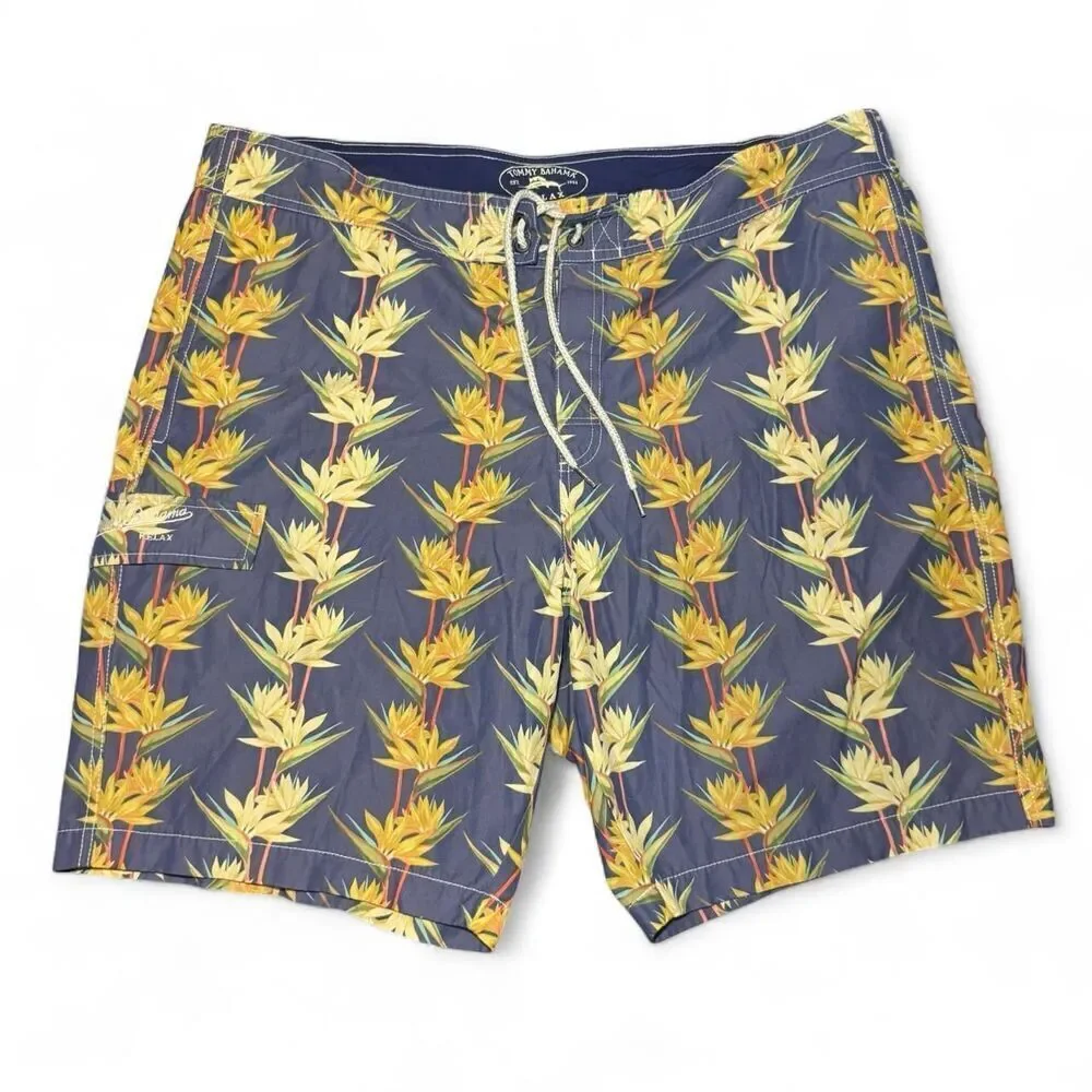 Tommy Bahama blue and yellow floral tropical swim trunks size XL